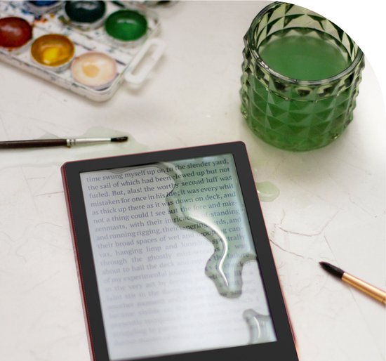 Een rode PocketBook Verse Pro e-reader met verf en water ernaast, waarop Alice's Adventures in Wonderland staat.