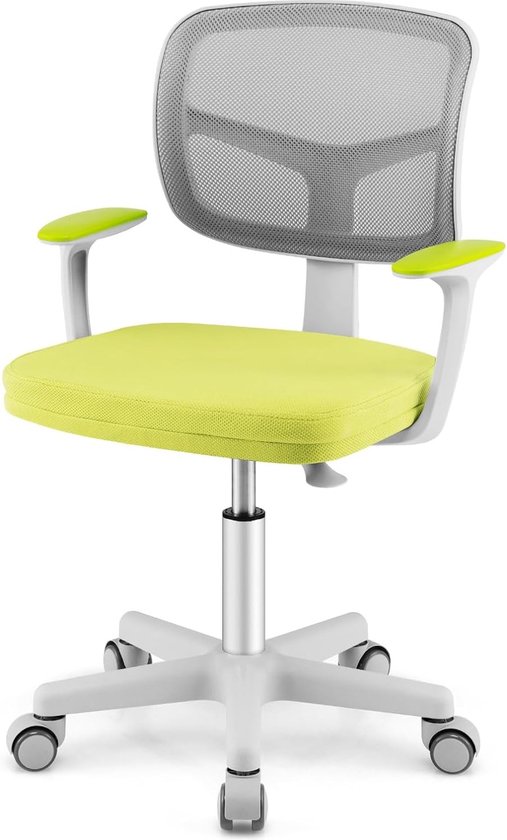 Kinderbureaustoel, in hoogte verstelbare kinderdraaistoel met netrug, afneembaar zitkussen en afsluitbare wielen, ergonomische jeugddraaistoel voor 3-10 jaar (groen)