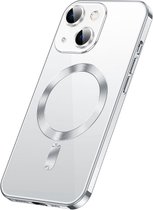Apple iPhone 13 silicone Back cover met lenzbeschermer/Magsafe compatible /magneet case Telefoonhoesje/transparant met Zilver randen