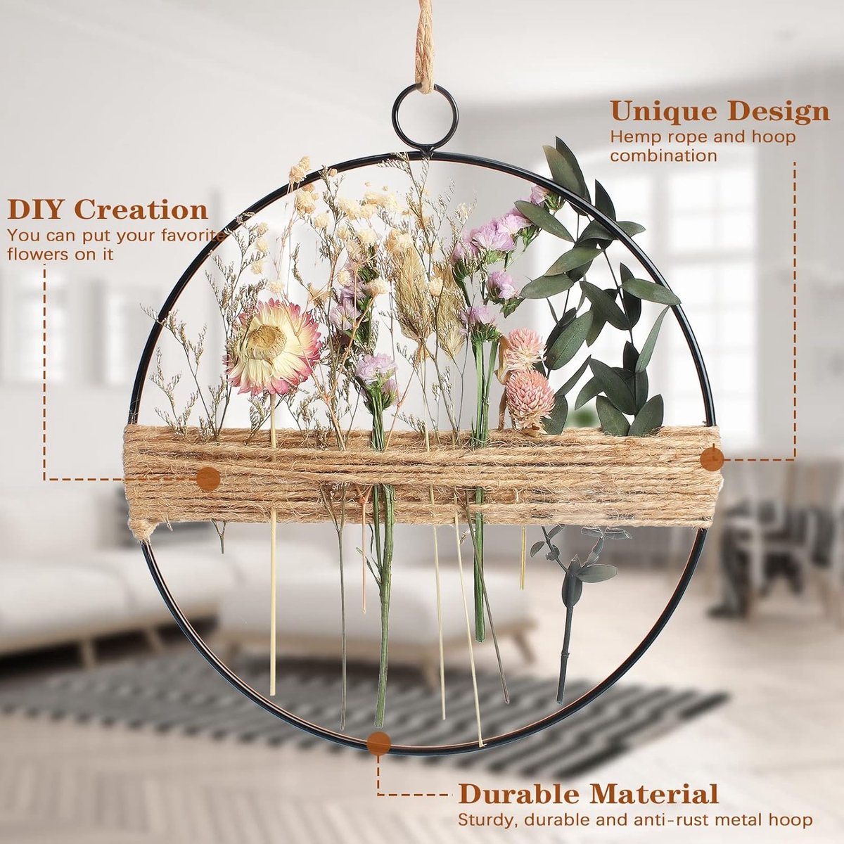 Decoratieve Metalen Deurkrans Met Droogbloemen En Welkomstbord - 28 Cm