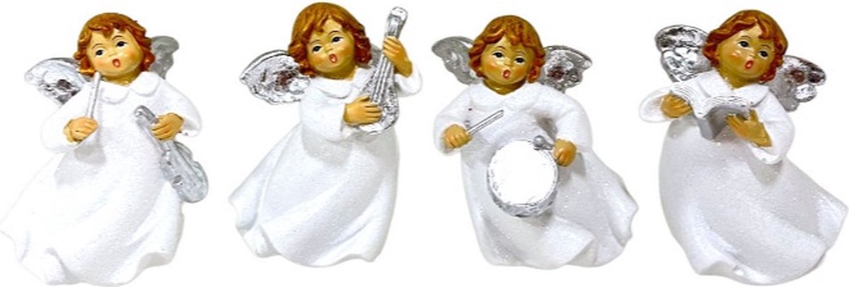 Home Society - Kerst Engeltjes - Staand - Bella - Wit met Zilver - 4 Stuks