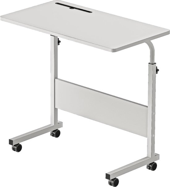 Bureau In hoogte verstelbaar laptoptafel, computertafel met tabletsleuf, 80 x 40 cm, pc-tafel, banktafel, verzorgingstafel, bijzettafel met wieltjes, wit