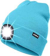 Muts met LED verlichting - Beanie Lichtblauw - USB-oplaadbaar - 4 helder licht LED lampen - 3 standen - One-size - Unisex - Waterdicht - Black Friday 2023 - Kerstcadeau