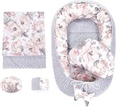 Minky Baby Nest Set Newborn 90 x 50 cm Cuddly Nest Baby Cot Bumper 5-Piece Cocoon with Wild Rose Light Grey.