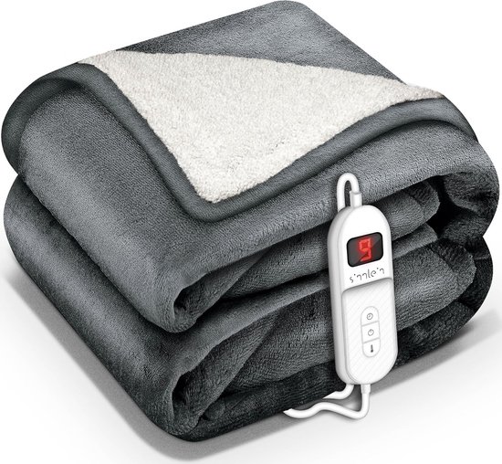 Sinnlein- Elektrische deken met automatische uitschakeling, donkergrijs, 180 x 130 cm, warmtedeken met 9 temperatuurniveaus, knuffeldeken, wasbaar