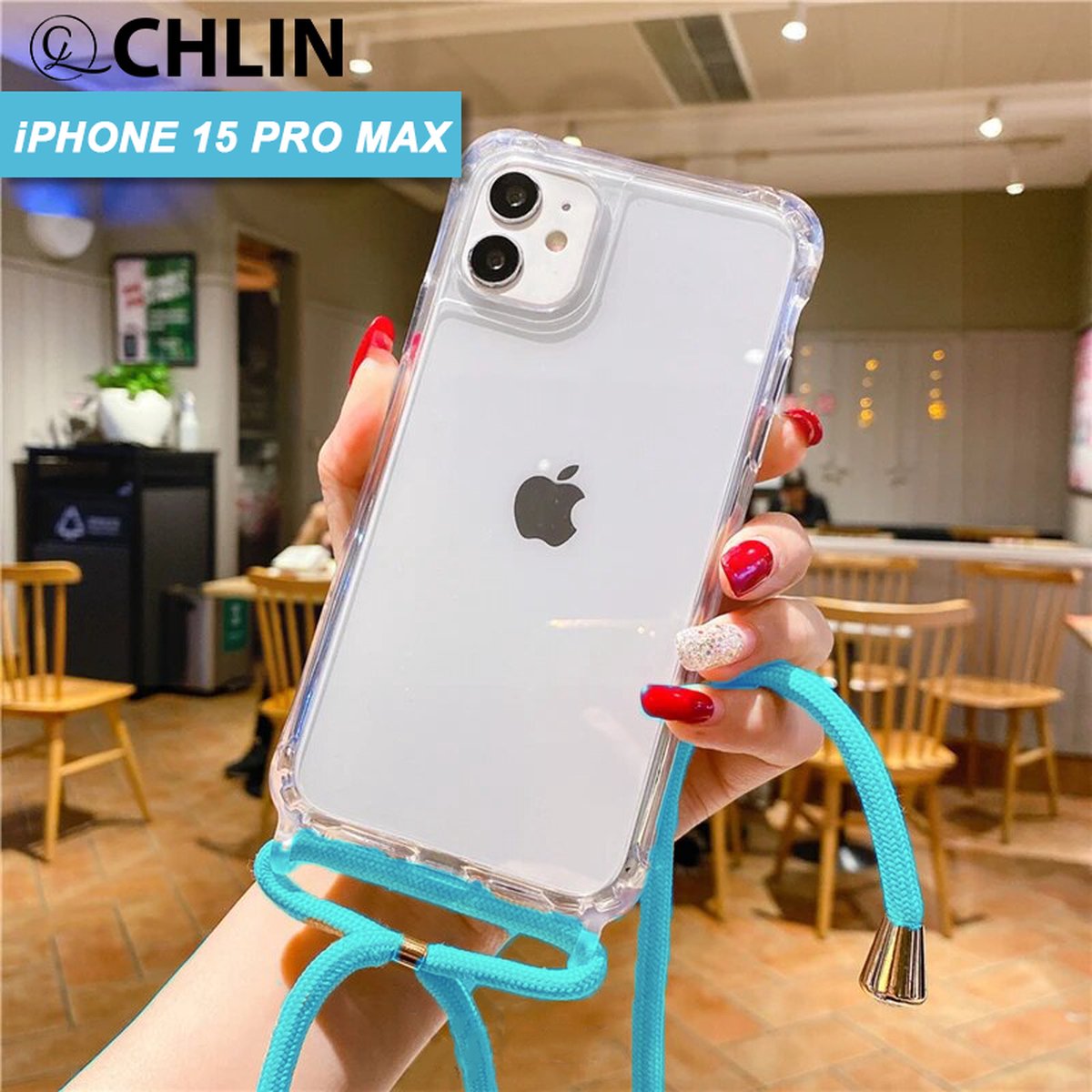 CL CHLIN® - iPhone 15 Pro transparant hoesje met BLAUW koord - Hoesje met koord iPhone 15 Pro - iPhone 15 Pro case - iPhone 15 Pro hoes - iPhone hoesje met cord - iPhone 15 Pro bescherming - iPhone 15 Pro protector.