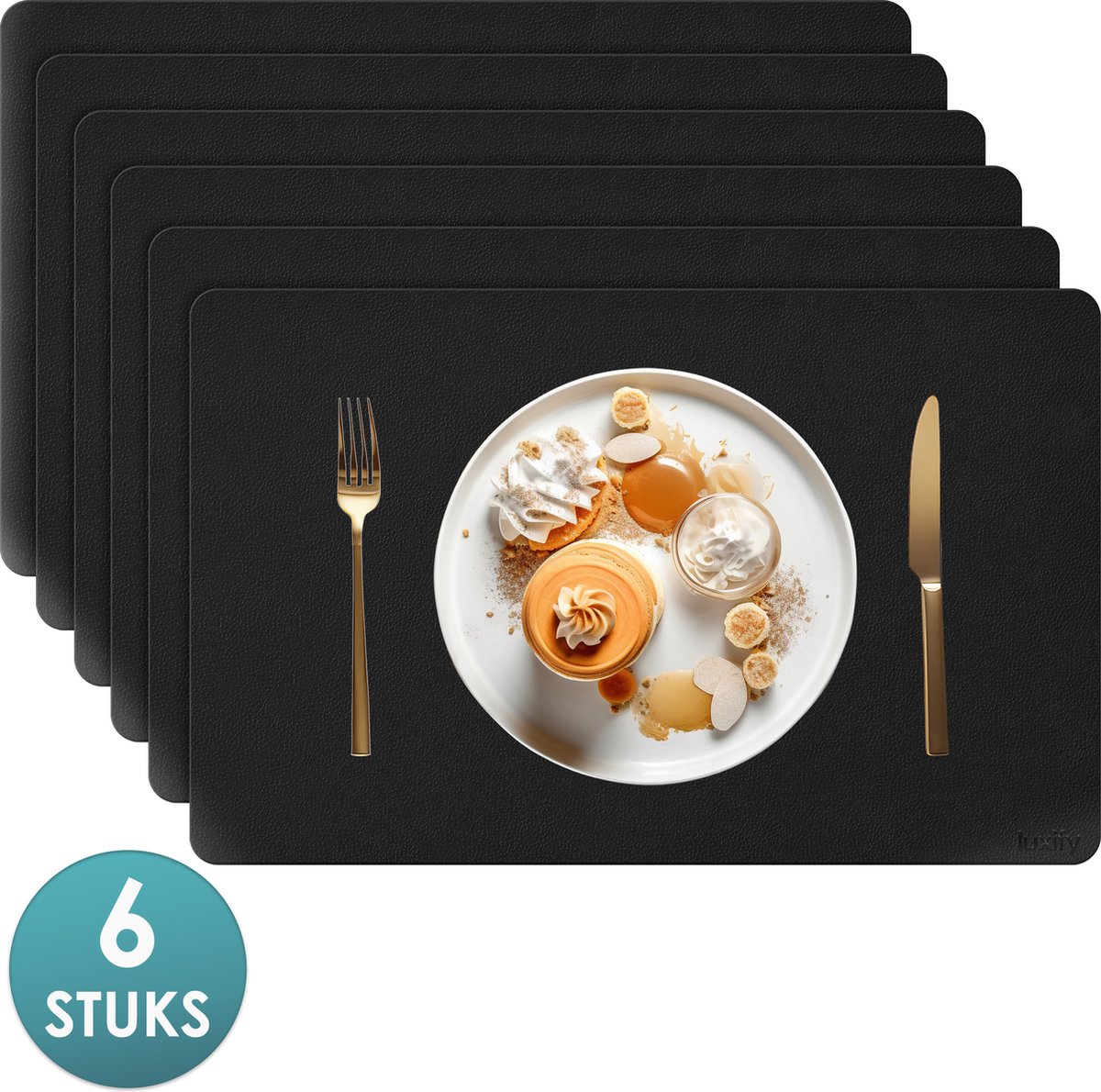 Luxify Luxe Leren Placemats - Dubbelzijdig - Placemat voor op tafel - 45 x 30 cm - Onderlegger - 6 Stuks - Zwart