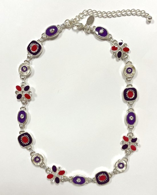 Collier - Pendentifs roses et violets - Pierres de zircone - Longueur ajustable de 39 + 5 cm - Damesdingetjes