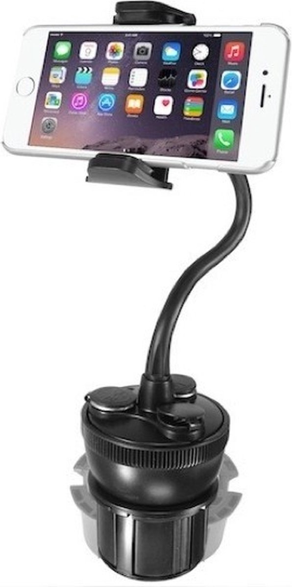Macally MCUPPOWER verstelbare telefoonhouder voor in de auto bekerhouder met 21 Watt USB lader (2 x 2.1A, 5V, USB-A), 2 sigarettenaanstekers en 20 cm lange flexibele hals