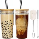 Bubble Tea Cups Set van 2 glazen bekers van 650 ml, herbruikbare smoothiebeker, boba-beker, reisfles, brede hals, met afdekkingen en roestvrijstalen rietjes