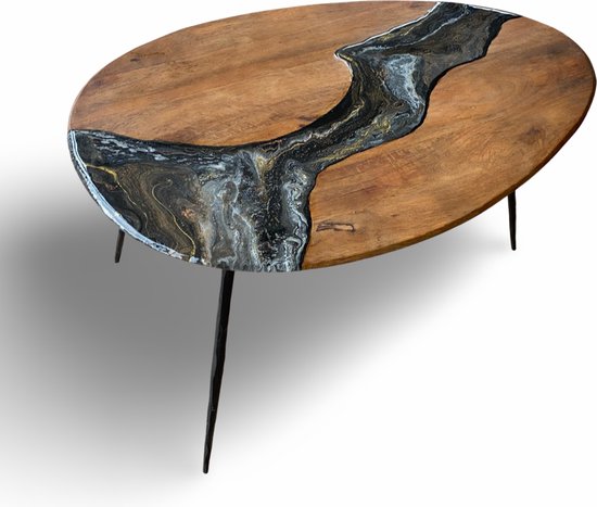 ORGNL Art Design - Bijzettafel - Unieke epoxy tafel 'Galaxy river' - 70x50x40 - zwart/wit/beige/goud