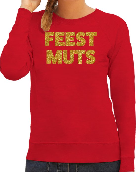 Bellatio Decorations foute kersttrui/sweater dames - feest muts - rood - glitter goud -feestkleding S