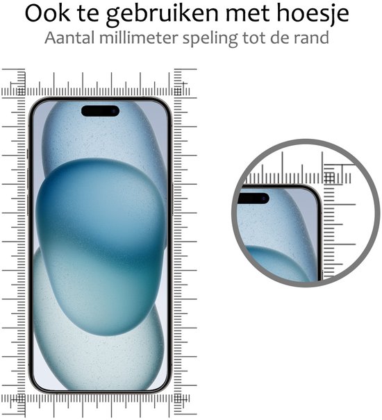 Telefoon met screenprotector en een liniaal langs de randen. Vergrote weergave van de rand.