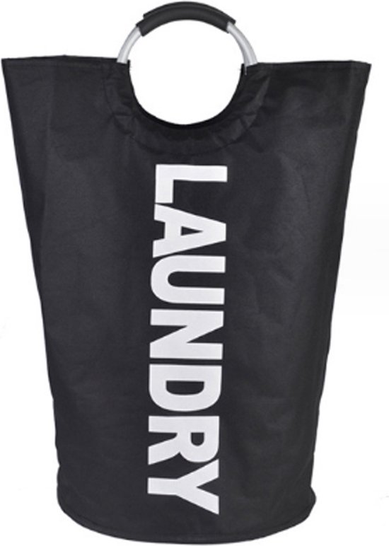 Panier à linge noir avec texte blanc 'LAUNDRY' et poignées en métal.