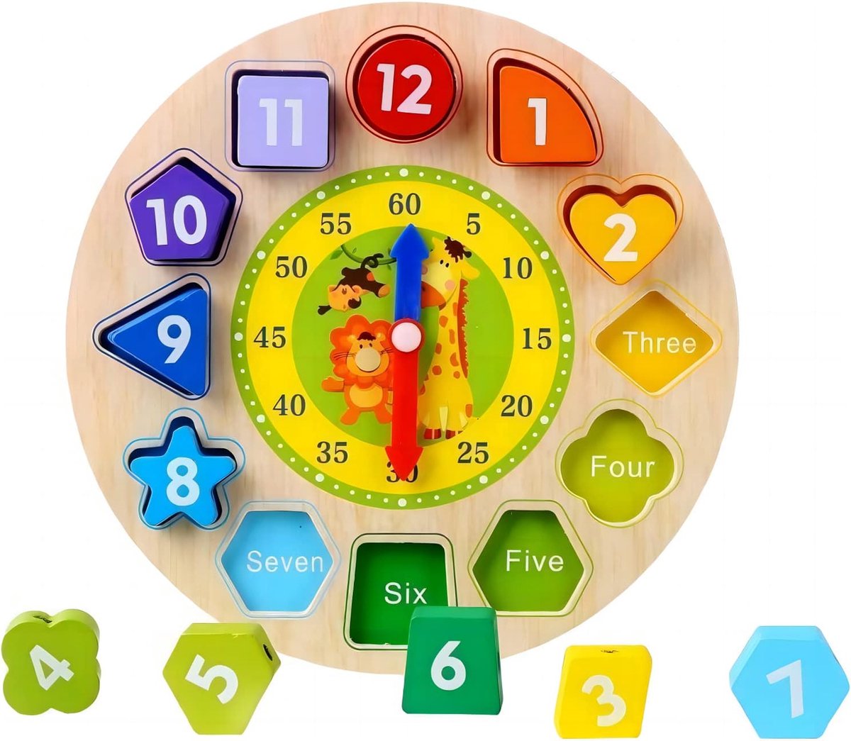 Femur Houten Speelgoed Klok - Puzzel - Educatief Speelgoed - Montessori Speelgoed - Leren Klokkijken - Leren Tellen - Kralenkoord - Engels Talig - Motoriek - Sensorisch - Speelblokjes