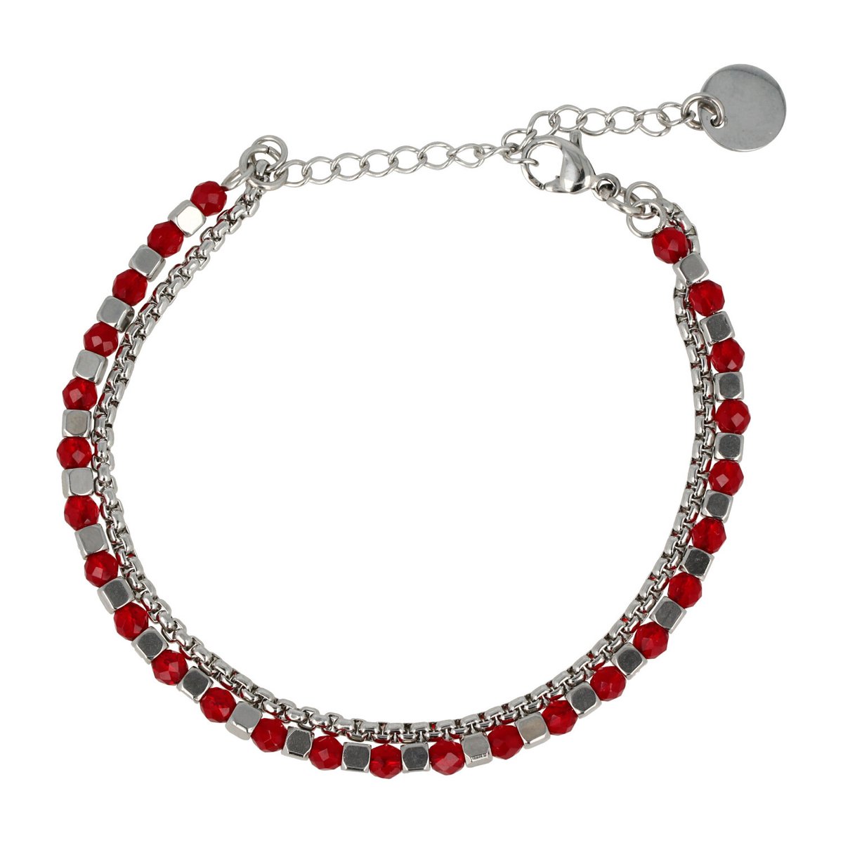 My Bendel - Zilveren dubbele armband met rode glasstenen - Zilveren dubbele armband met rode glasstenen en schakels - Met luxe cadeauverpakking