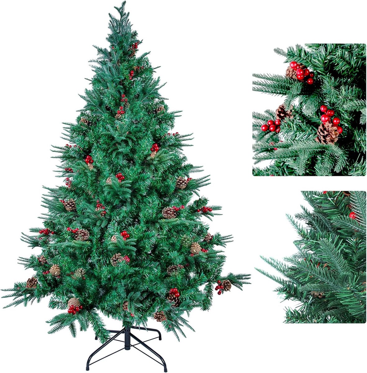 Kunstkerstboom, 1,5 m, onverlicht, hoogwaardige opklapbare kerstboom, eenvoudige montage met metalen standaard, kerstdecoratie voor binnen en buiten, met pvc + PE + dennenappels + rode vruchten