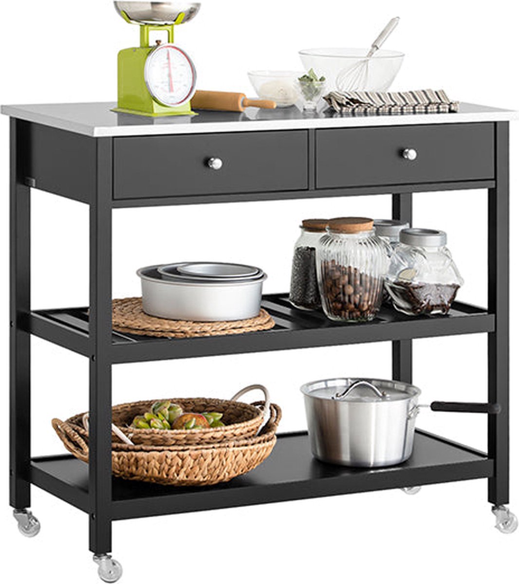 Simpletrade Serveerwagen - Keukentrolley Met 2 lades - Roestvrijstaal - MDF - Zwart - 100x45x92 cm