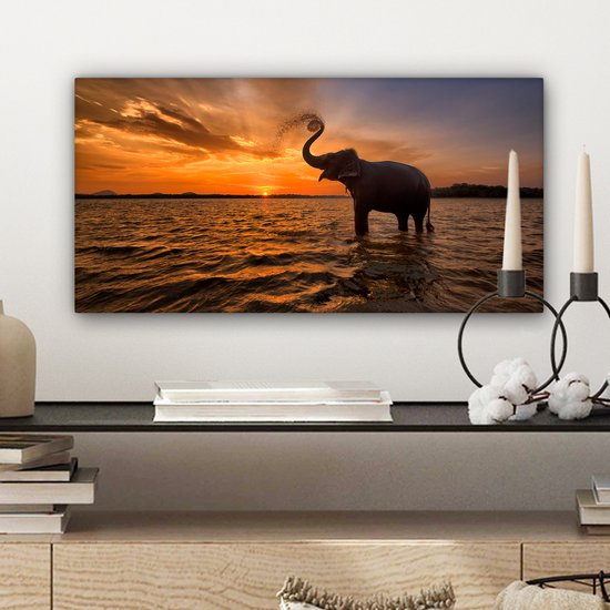 Toile - Éléphant - Coucher de soleil - Water - Décoration murale - 40x20 cm - Peintures sur toile - Toile canvas