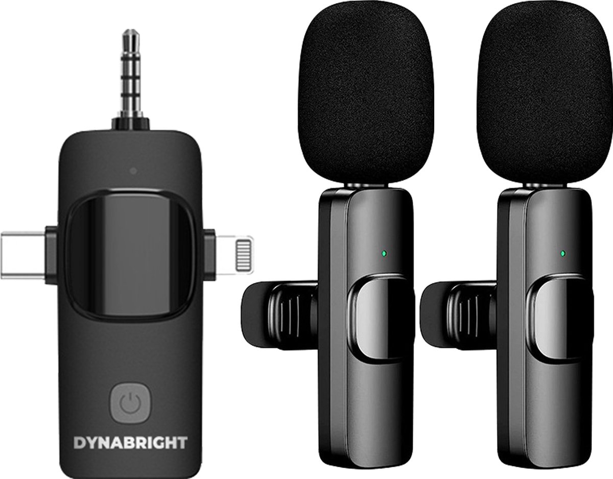 DynaBright Draadloze Microfoon - 2stuks - Lavalier Microfoon - Extra Lange Batterijduur - USB-C/AUX/Lightning - Dasspeld - Plug&Play - DynaBright
