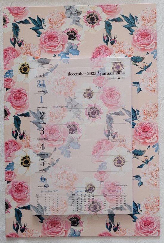LIBOZA - Week-wandkalender 2024 - Rozen – mooi bloemendecor - Met Eco Pen - Veel schrijfruimte - Ophangbaar - Stevige kartonnen achterkant - Cadeau - Verjaardag - Sinterklaas – Kerstmis