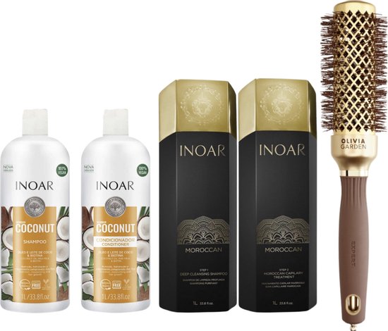 Inoar Moroccan 2x1000 ml & Inoar Coconut Shampoo & Conditioner 1000ml & Borstel Ceramic+ion Nano Thermic Olivia Garden