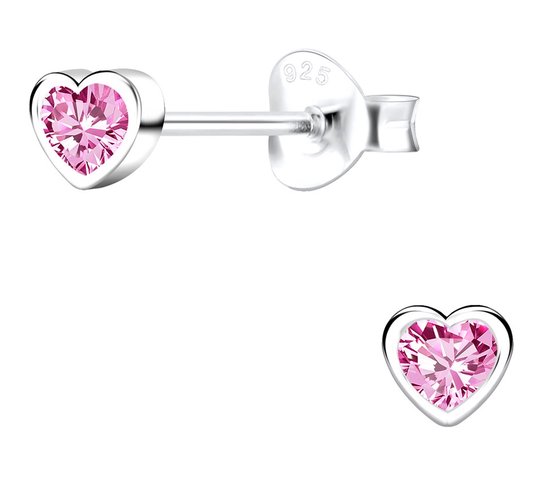 Joy|S - Zilveren petit hartje oorbellen - 4 mm - roze zirkonia - oorknopjes voor kinderen