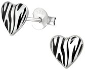 Joy|S - Zilveren hartje oorbellen - zebraprint - 7 mm - zebra oorknoppen