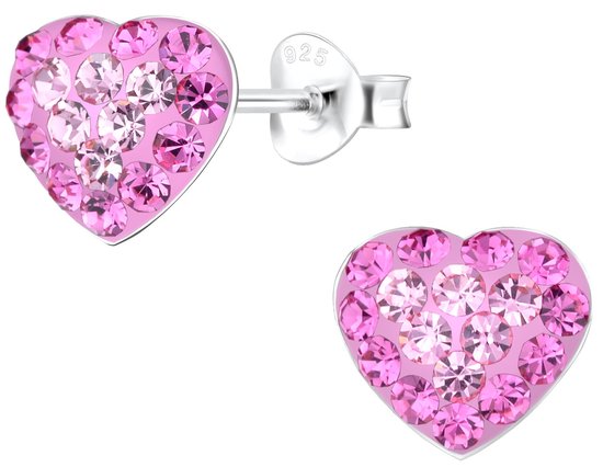 Joy|S - Zilveren hartje oorbellen - Valentijn - roze kristal - 9 x 8 mm