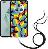 Cazy Hoesje met koord Zwart geschikt voor Honor Magic5 Pro Regenboog Hartjes