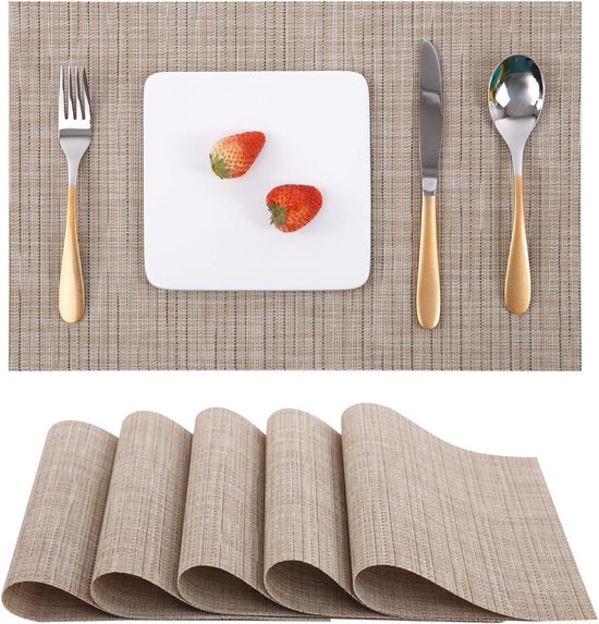 Placemats met tafelloper set placemats, geweven kruisgeweven vinyl keukentafelkleed, wasbare PVC-tafelmatten voor eettafel, feesten, boerderij, Thanksgiving, Kerstmis en bijeenkomst (zilver en zwart