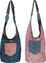 Dames Duurzame Hobo Tas. Schoudertas Gemaakt van Gerecyclede Jeans & Katoen. Boho Bloemen Crossbody Tas Omkeerbaar, Blauw Roze.