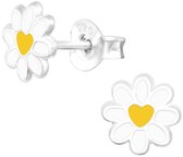 Joy|S - Zilveren madeliefje oorbellen - 7 mm - bloem met hartje - wit geel - kinderoorbellen