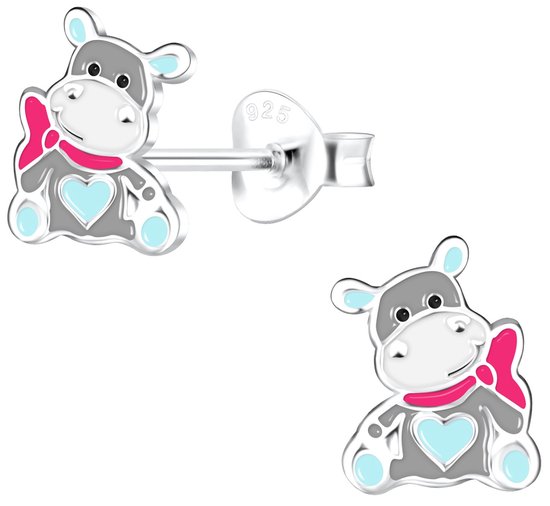 Joy|S - Zilveren nijlpaard oorbellen - met blauw hartje - 6 x 8 mm oorknoppen - t01