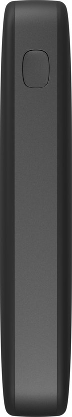 Zijkant van een donkergrijze powerbank met een ronde aan/uit-knop.