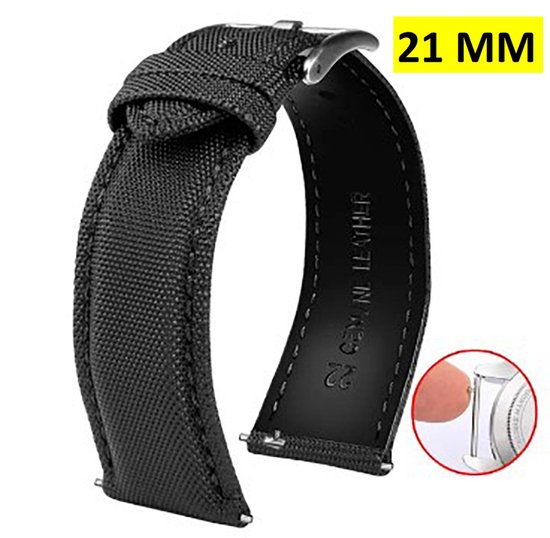 Nylon Horlogeband - Roestvrij Staal - Horlogeband - Zwart - 21MM