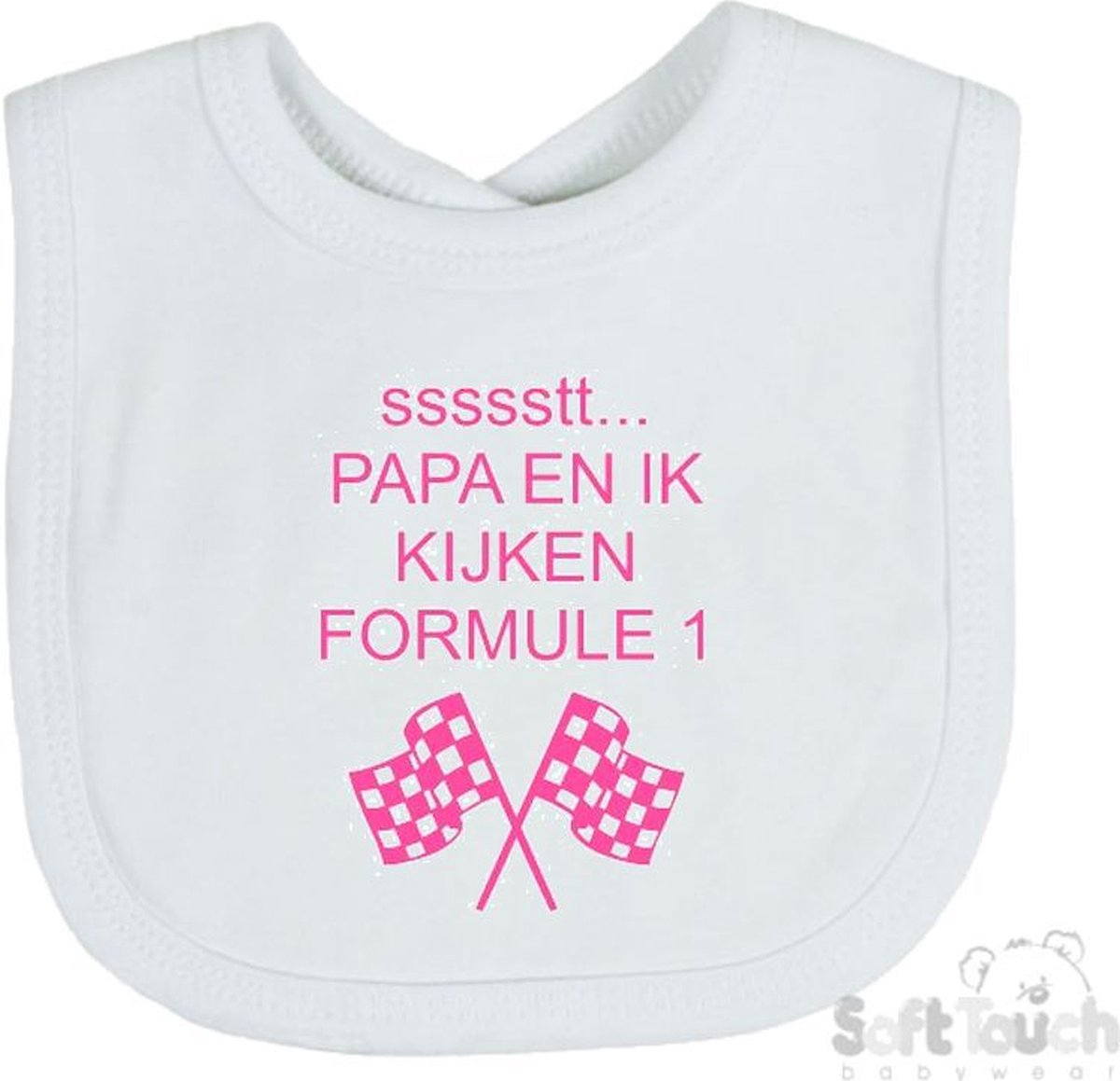 Goedkoopste Soft Touch Slabber Slabbetje Slab Papa en ik kijken Formule 1 Formule 1 33 x 22 Cm Katoen Wit/roze