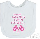 Soft Touch Slabber Slabbetje Slab "Papa en ik kijken Formule 1" Formule 1 33 x 22 Cm Katoen Wit/roze