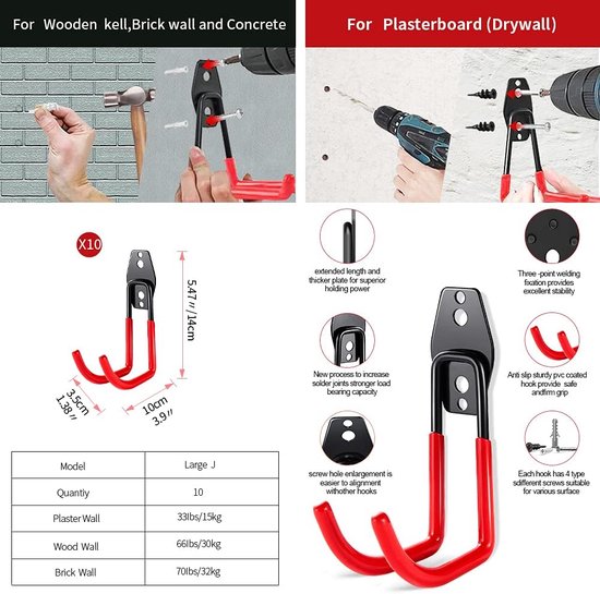 Foto: Garagehaken garage opslag haken 10 stuks muurhaken ladderhaken voor opslag opknoping organiseren elektrisch gereedschap ladder bulk artikelen rood 
