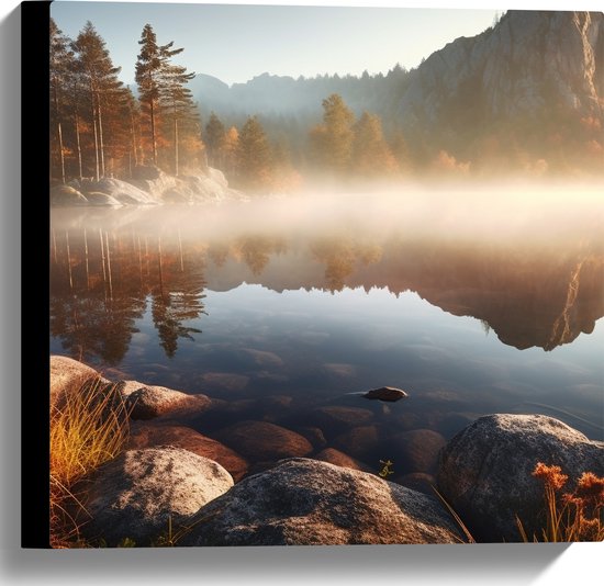 Canvas - Meer - Water - Mist - Bomen - Bossen - Berg - 40x40 cm Foto op Canvas Schilderij (Wanddecoratie op Canvas)