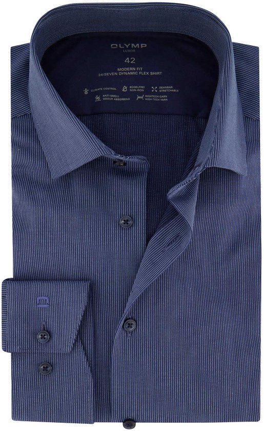 OLYMP Luxor 24/7 modern fit overhemd - popeline - marineblauw - Strijkvriendelijk - Boordmaat: 44