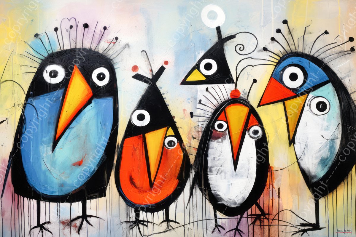 John Joseb Art (Canvas) 90x60 | Vogels op een rij, abstract Herman Brood, Joan Miro stijl, modern surrealisme, kleurrijk, kunst | dier, blauw, geel, oranje, rood, modern | Foto-Schilderij canvas print (wanddecoratie)