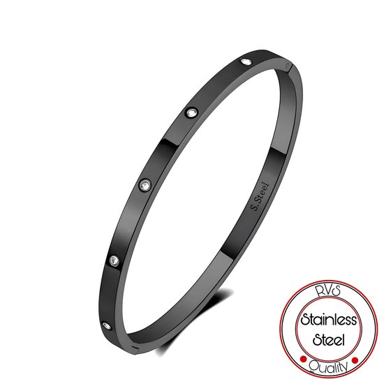 Borasi Bangle Armband | Zwart | 4 mm | RVS Stainless Steel | Zirkonia stenen | Dames Armband | Cadeau | Dames Cadeau | Moederdag Cadeau | Cadeau Voor Haar | Best Verkochte Sieraden