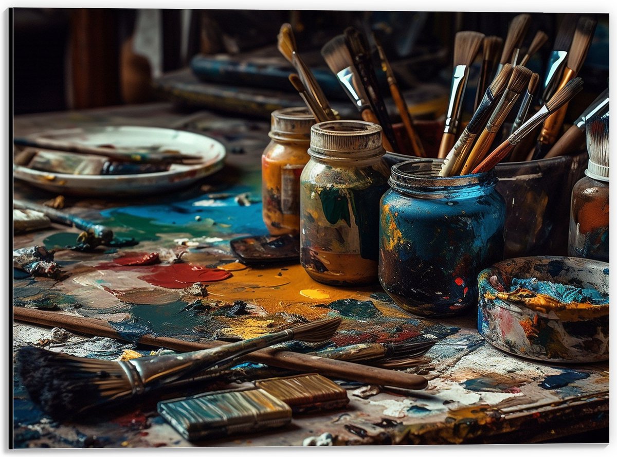 Dibond - Tafel - Verf - Kwasten - Schilderen - Verven -Kunst - Kleuren - 40x30 cm Foto op Aluminium (Wanddecoratie van metaal)