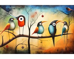 JJ-Art (Glas) 90x60 | Vogels op een tak, abstract Picasso, Joan Miro stijl, modern surrealisme, kleurrijk, kunst | dier, blauw, geel, bruin, rood, modern | Foto-schilderij-glasschilderij-acrylglas-acrylaat-wanddecoratie