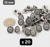 20 Stuks METALEN KNOPEN, Maat 15MM, Op Voetje, Materiaal ZAMAK, Military Stijl, Kleur OUD ZILVER