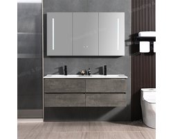 WEBO Badkamermeubel Set Paris 140cm - Grijs - Badmeubel met Spiegelkast met verlichting en Wastafel - Inclusief 2 zwarte kranen en afvoer