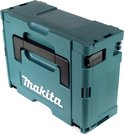 Donker turquoise Makita opbergkoffer met zwarte handgreep en witte logo's.