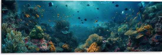 Dibond - Oceaan - Zee - Dieren - Vissen - Koraal - Kleuren - 90x30 cm Foto op Aluminium (Wanddecoratie van metaal)