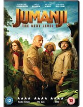 DVD-hoes van Jumanji: The Next Level met Dwayne Johnson, Jack Black, Kevin Hart en Karen Gillan in een jungle-omgeving.
